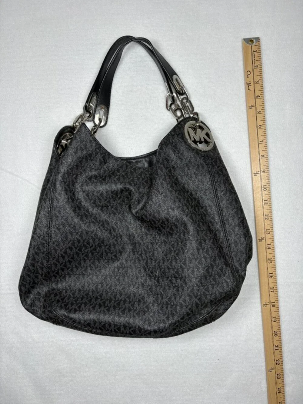 Michael Kors Fulton Large Chain Shoulder Tote Bag Black Monogram Quiet Luxury